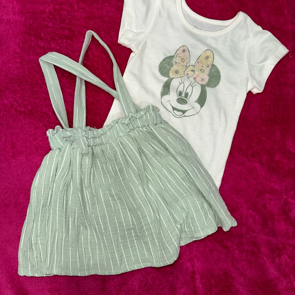 White Minnie Mouse T-Shirt and Green Striped Skirt Set
